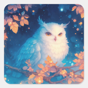 Cute Witte Uil op Herfstblad Tak Geperst Vierkante Sticker