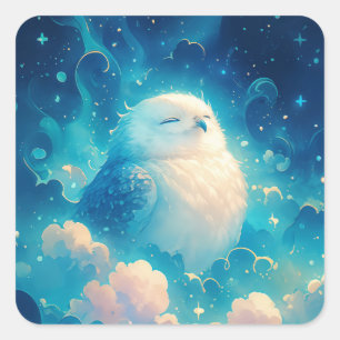 Cute Witte Uil Slaapt in Etherische Blauwe Wolken Vierkante Sticker