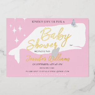Cute Witte Walvis Meisje Baby Shower Roze Uitnodig Folie Uitnodiging