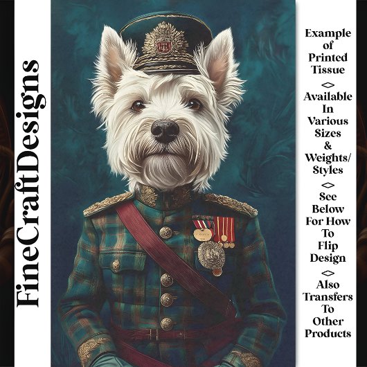 Cute Witte Westie, Militair Uniform CF1 Decoupage Tissuepapier
