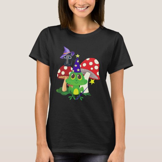 Cute Wizard Frog and Witch Black Cat Mushrooms Hal T-shirt (Voorkant)