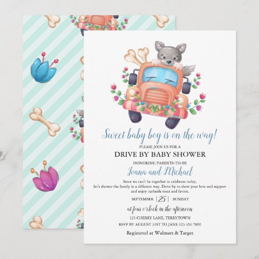 Cute Wolf Boy Baby Shower Drive Through   Kaart (Voorkant / Achterkant)