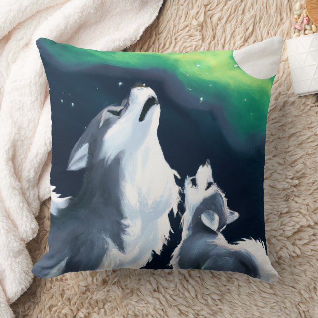 Cute Wolf en Pup Howl bij Full Moon Kussen (Deken)