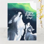 Cute Wolf en Pup Howl bij Full Moon Vaderdag Kaart (Gele Bloem)
