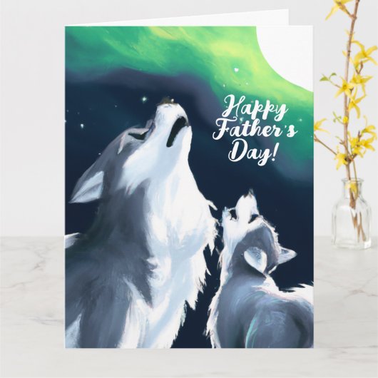 Cute Wolf en Pup Howl bij Full Moon Vaderdag Kaart (Gele Bloem)