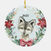 Cute Wolf met naam en jaar voor kindervakantie Keramisch Ornament (Achterkant)