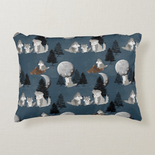 Cute Wolf Pack Bosnacht Baby Nursery Accent Kussen (Voorkant)