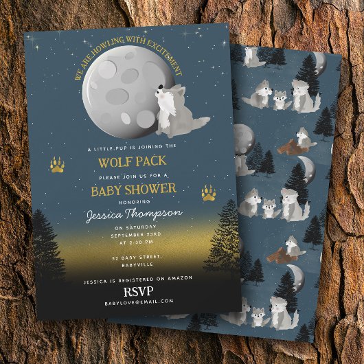 Cute Wolf Pack Woodland Moon Howling Baby Shower Kaart