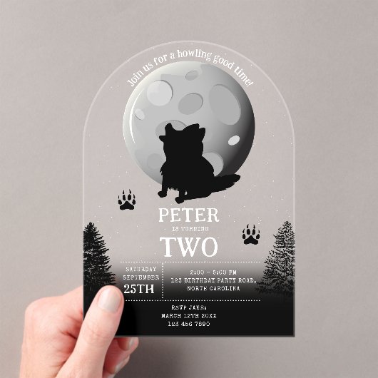Cute Wolf Pack Woodland Moon Howling Birthday Acryl Uitnodigingen (Insitu (Draagbaar))