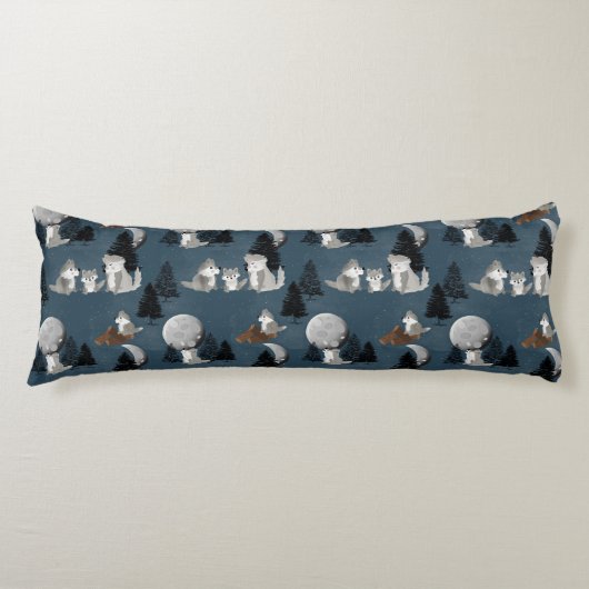 Cute Wolf Pack Woodland Night Baby Nursery Lichaamskussen (Voorkant)