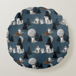 Cute Wolf Pack Woodland Night Kids Bedroom Rond Kussen