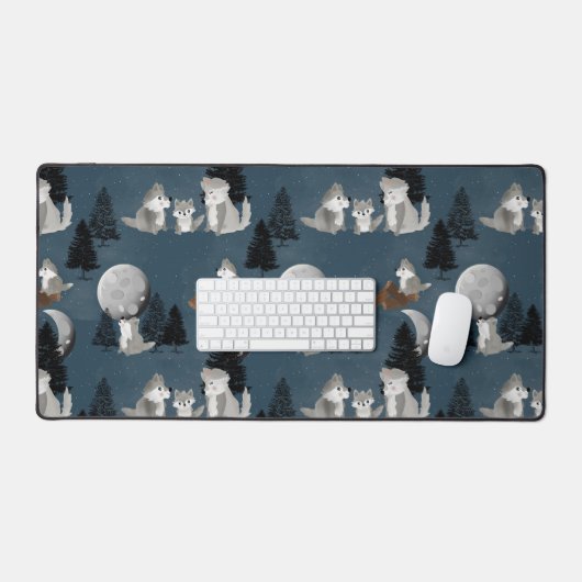 Cute Wolf Pack Woodland Night Sky Moon Bureaumat (Keyboard & Muis)