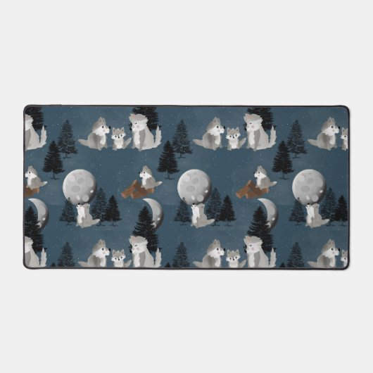 Cute Wolf Pack Woodland Night Sky Moon Bureaumat (Voorkant)