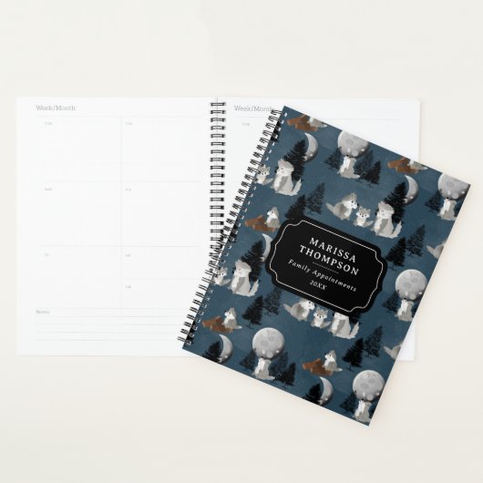 Cute Wolf Pack Woodland Night Sky Moon Family Planner (Display)