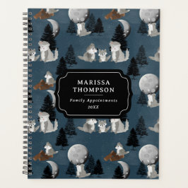 Cute Wolf Pack Woodland Night Sky Moon Family Planner