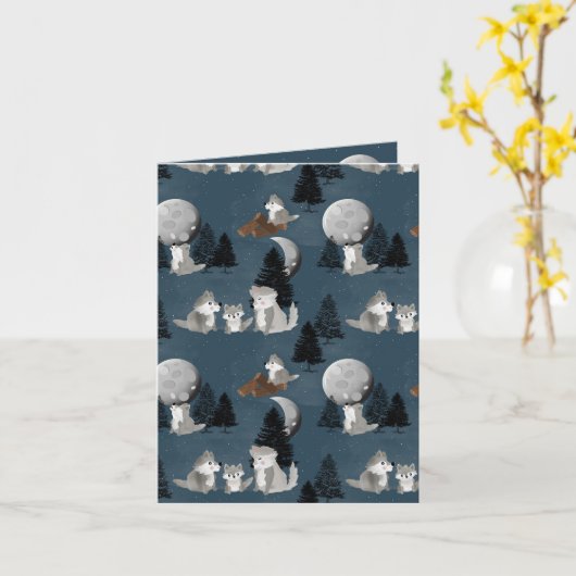 Cute Wolf Pack Woodland Night Sky Moon Kaart (Gele Bloem)