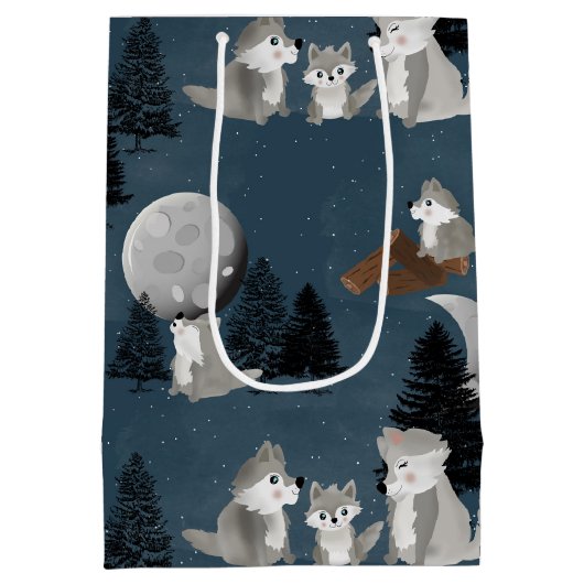Cute Wolf Pack Woodland Night Sky Moon Medium Cadeauzakje (Achterkant)