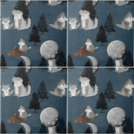 Cute Wolf Pack Woodland Night Sky Moon Tegeltje