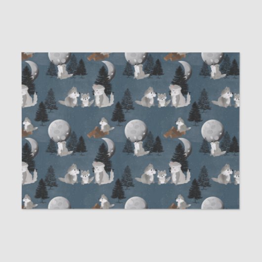 Cute Wolf Pack Woodland Night Sky Moon Tissuepapier (Voorkant)