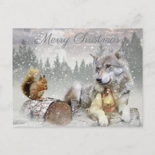 Cute Wolf Squirrel Winter Snow Forest kerst Feestdagenkaart