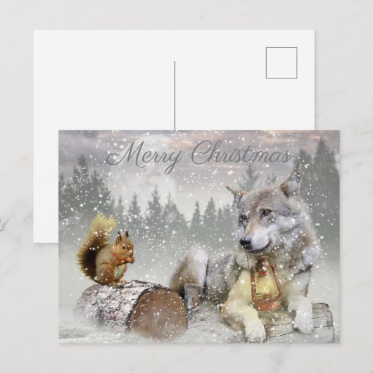 Cute Wolf Squirrel Winter Snow Forest kerst Feestdagenkaart (Voorkant / Achterkant)
