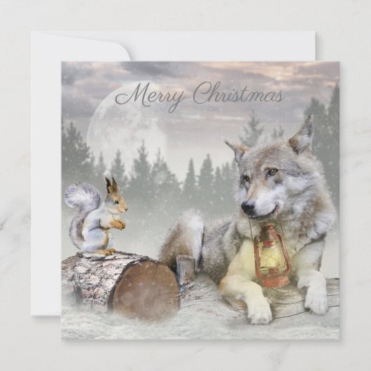 Cute Wolf Squirrel Winter Snow Forest kerst Feestdagenkaart (Voorkant)