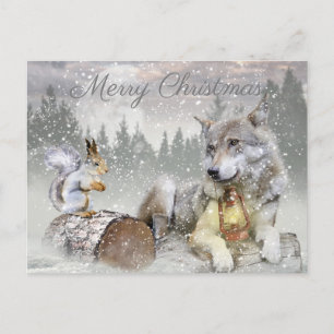 Cute Wolf Squirrel Winter Snow Forest kerst Feestdagenkaart