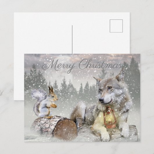 Cute Wolf Squirrel Winter Snow Forest kerst Feestdagenkaart (Voorkant / Achterkant)