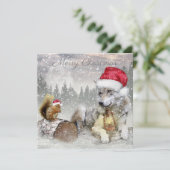Cute Wolf Squirrel Winter Snow Forest kerst Feestdagenkaart (Staand voorkant)