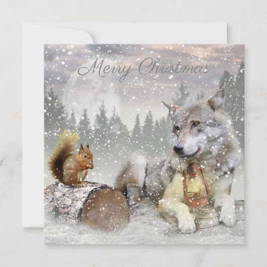 Cute Wolf Squirrel Winter Snow Forest kerst Feestdagenkaart (Voorkant)