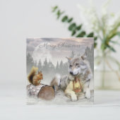 Cute Wolf Squirrel Winter Snow Forest kerst Feestdagenkaart (Staand voorkant)