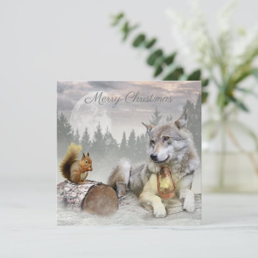 Cute Wolf Squirrel Winter Snow Forest kerst Feestdagenkaart (Staand voorkant)