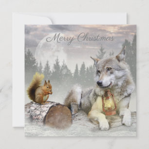 Cute Wolf Squirrel Winter Snow Forest kerst Feestdagenkaart