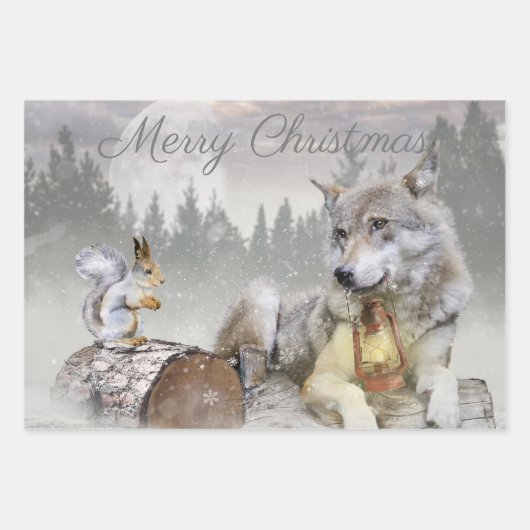 Cute Wolf Squirrel Winter Snow Forest kerst Inpakpapier Vel (Voorkant 2)