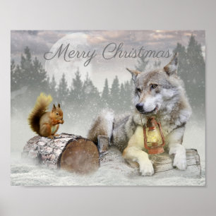 Cute Wolf Squirrel Winter Snow Forest kerst Poster