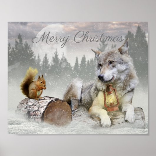 Cute Wolf Squirrel Winter Snow Forest kerst Poster (Voorkant)