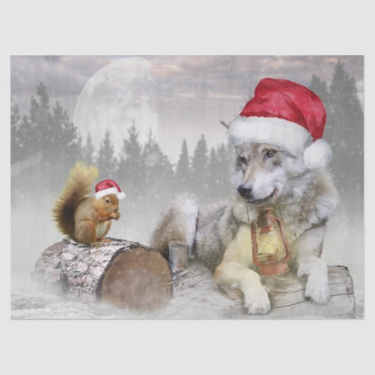 Cute Wolf Squirrel Winter Snow Forest kerst Tissuepapier (Voorkant)