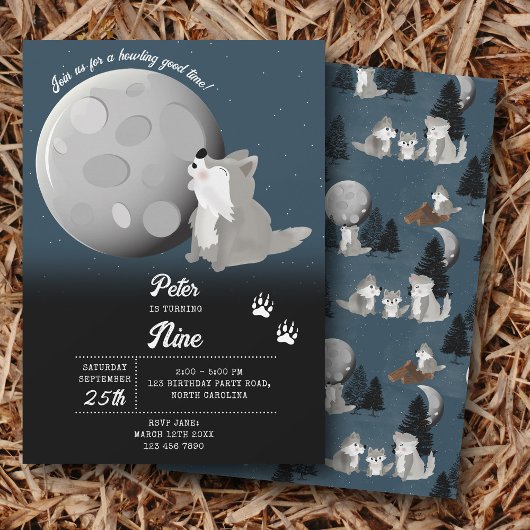 Cute Wolf Woodland Moon Howling Kids Birthday Kaart