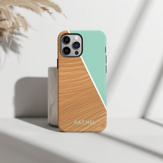 Cute Wood and Light Teal Personalized  Case-Mate iPhone Case