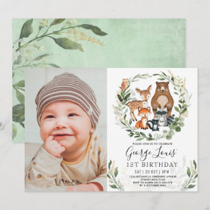 Cute Woodland 1st Birthday Forest Friends Party Kaart