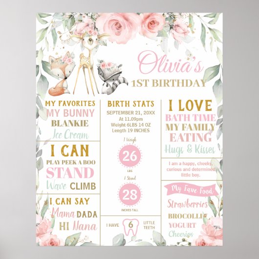 Cute Woodland 1st Birthday Milestone Birth Stats Poster (Voorkant)