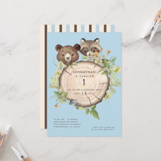 Cute Woodland Animal 1st Birthday Party Invitation Kaart (Voorkant / Achterkant in situ)