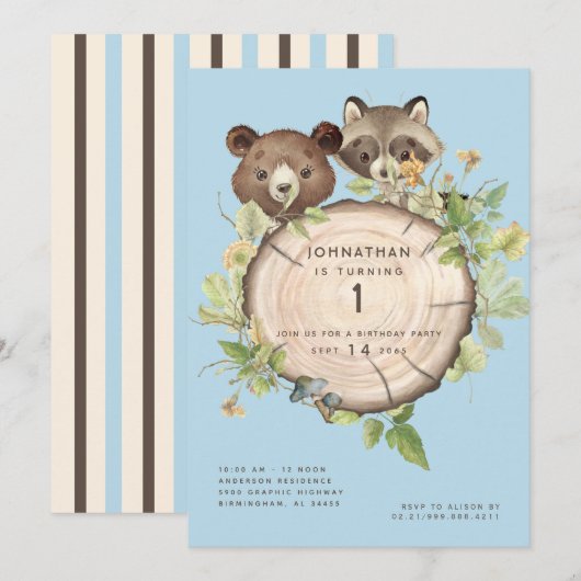 Cute Woodland Animal 1st Birthday Party Invitation Kaart (Voorkant / Achterkant)