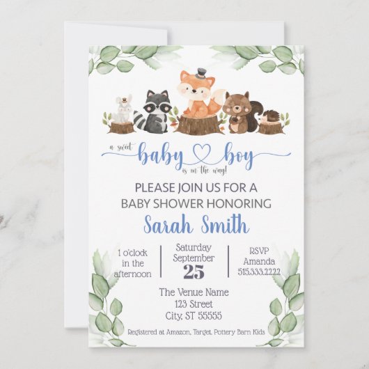Cute Woodland Animal Baby Boy Shower Kaart (Voorkant)