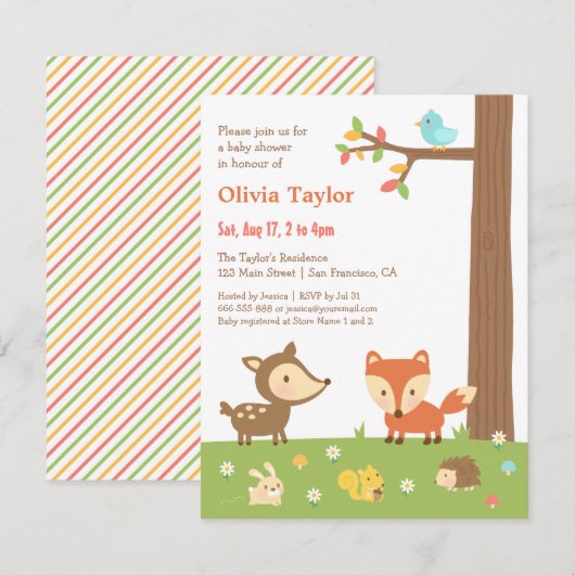 Cute Woodland Animal Baby shower Kaart (Voorkant / Achterkant)