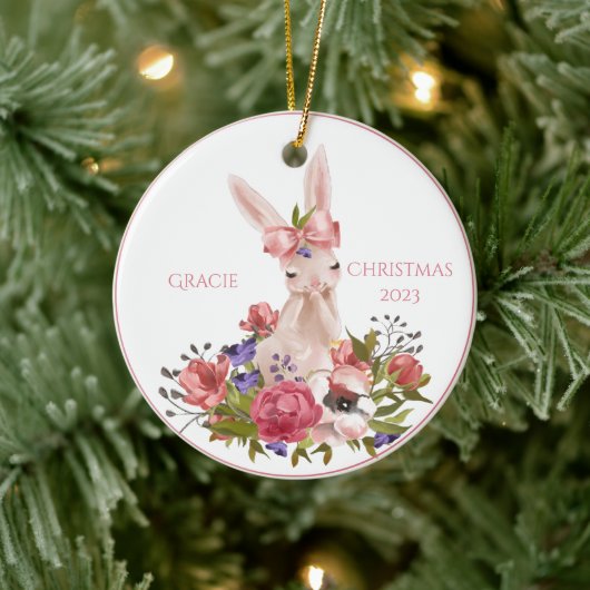 Cute Woodland Animal Bunny Floral Name Kerstmis Keramisch Ornament (Boom)