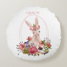 Cute Woodland Animal Bunny Floral Name Rond Kussen