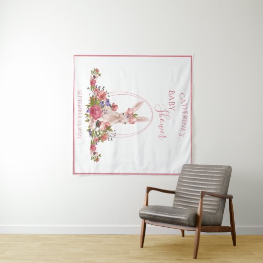 Cute Woodland Animal Bunny Floral Name Wandkleed (In Situ (horizontaal))