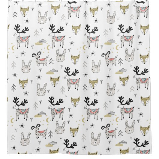 Cute Woodland Animal Doodle Pattern Douchegordijn (Voorkant)