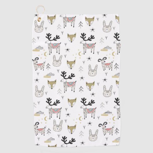 Cute Woodland Animal Doodle Pattern Golfhanddoek (Voorkant)